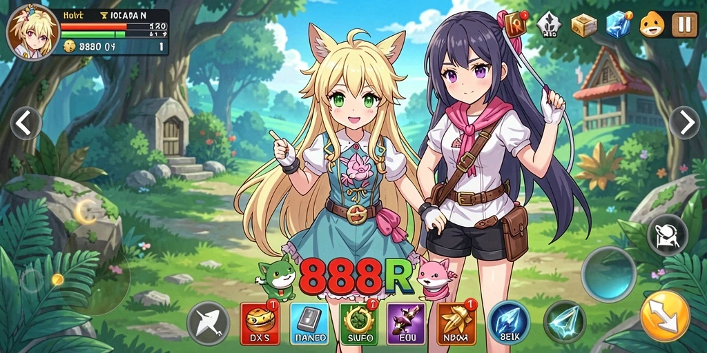 Screenshot gameplay 888R menampilkan aksi pertarungan karakter Anime.