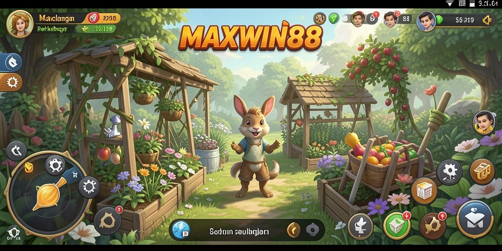 Tangkapan layar gameplay <strong>MAXWIN88</strong> yang menunjukkan kebun yang indah dan interaksi dengan hewan.