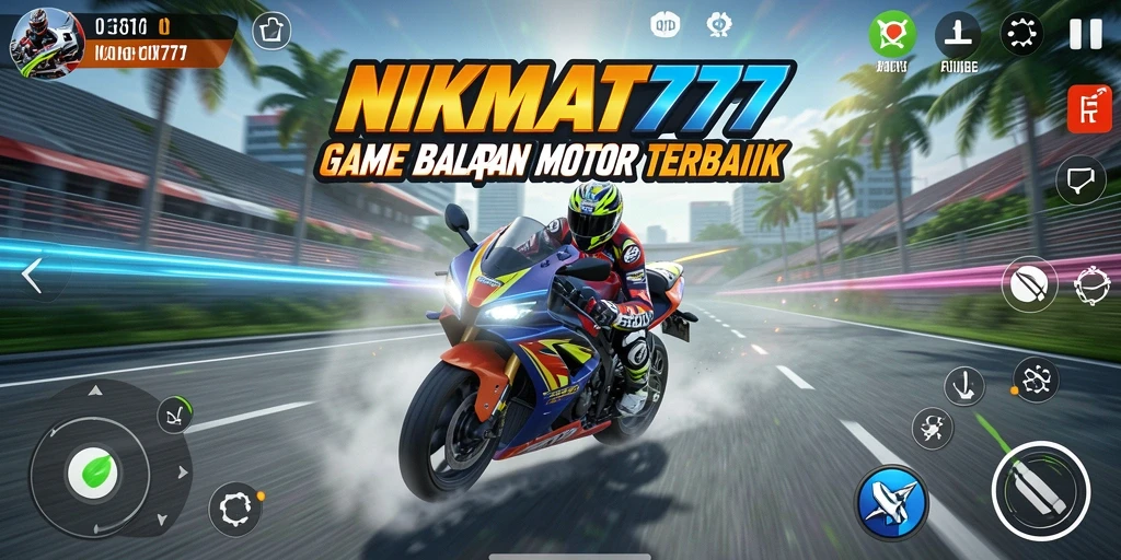 Tampilan gameplay mendebarkan di NIKMAT777 saat balapan motor.