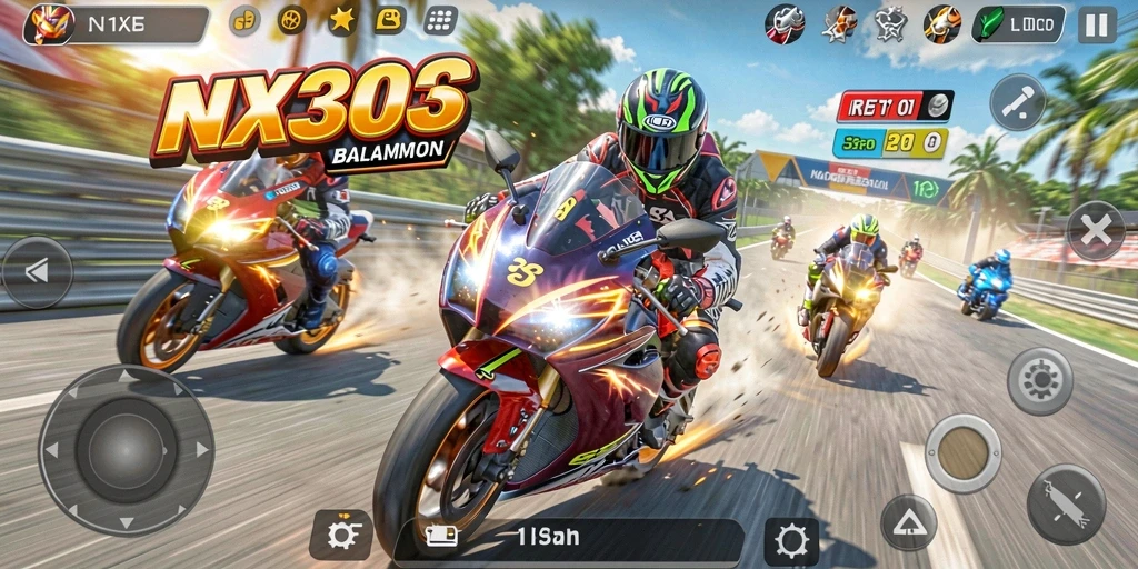 Tampilan gameplay NX303 yang mendebarkan di lintasan balap motor.