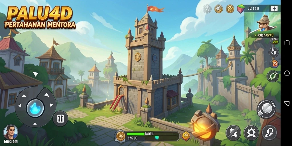 Tampilan gameplay seru di PALU4D dengan menara dan musuh.