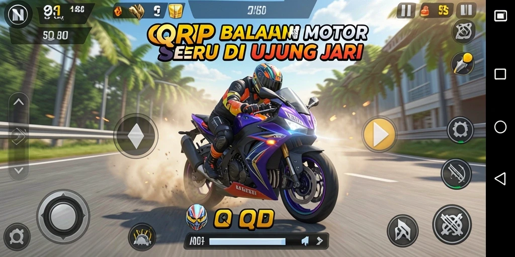 Screenshot QQRP menampilkan aksi balapan motor yang mendebarkan.
