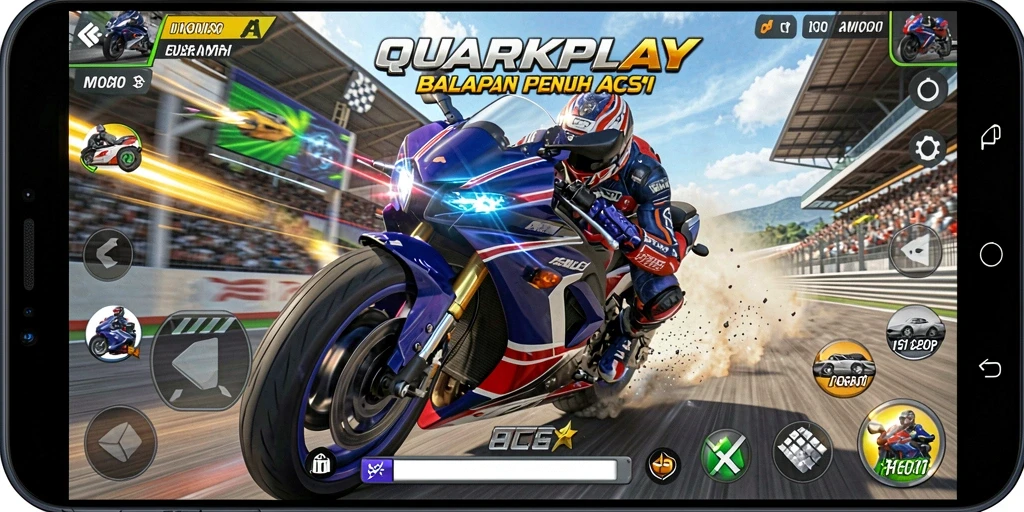 Tampilan gameplay QUARKPLAY yang penuh aksi dalam balapan motor.